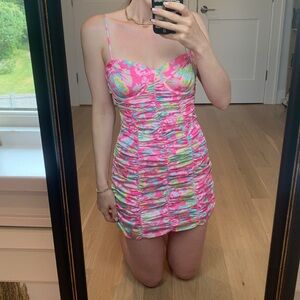 Hot pink floral green and blue dress with open back brasier front ruching